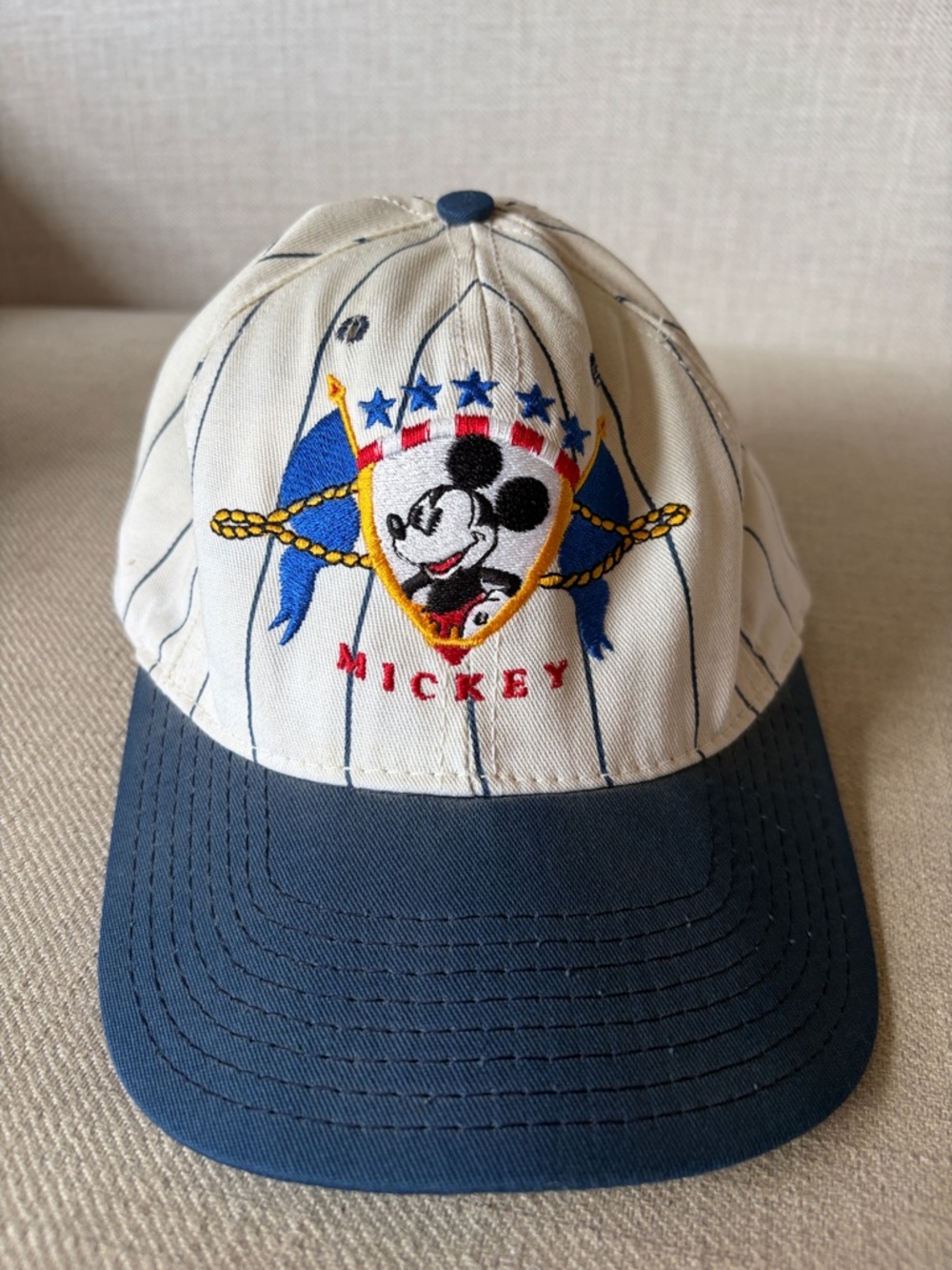 Mickey Mouse Vintage Embroidered Pin Stripe Baseball Cap - Cream & Navy